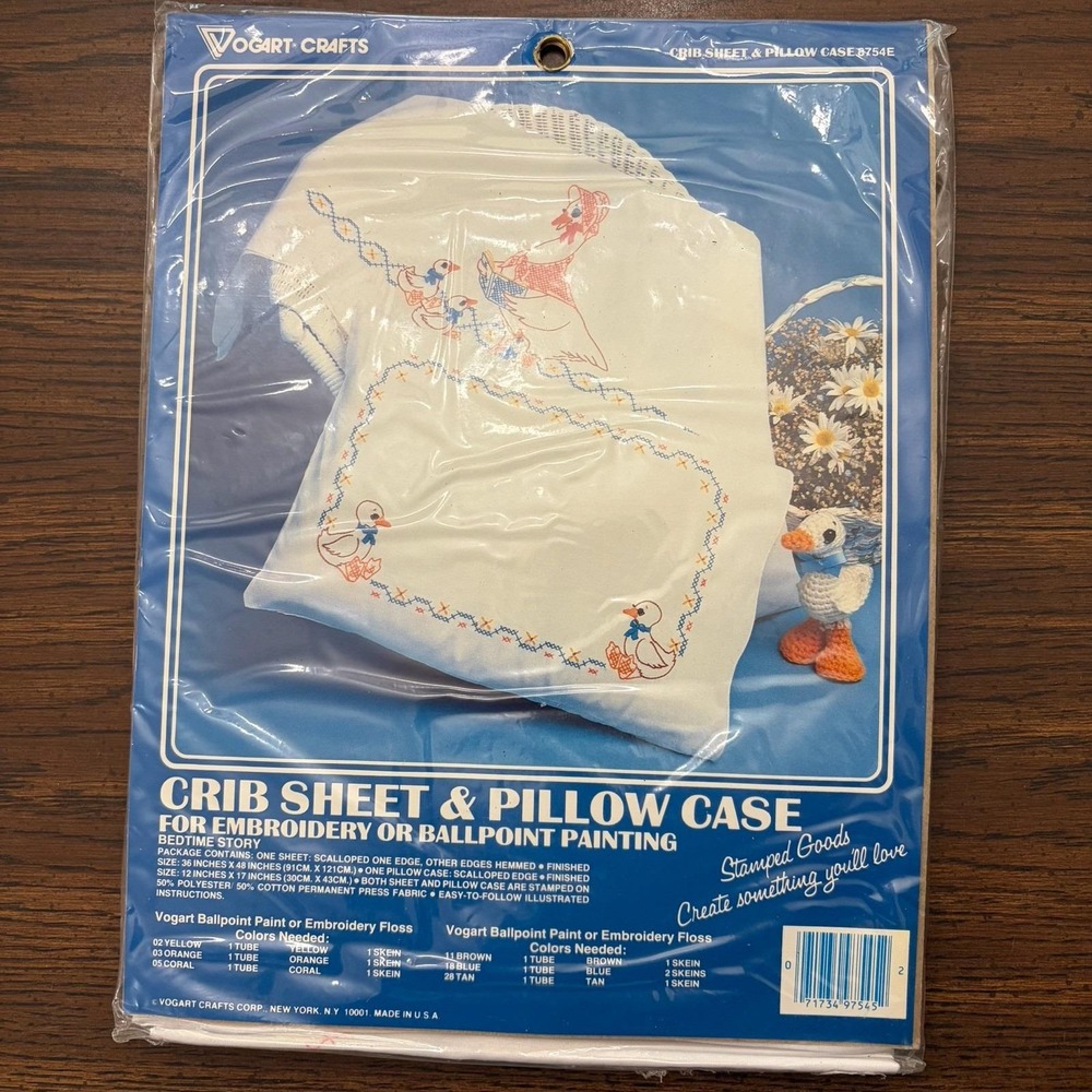 Vintage Votary Cribsheet And Pillowcase Stamped Embroidery Kit Ducks Geese NOS